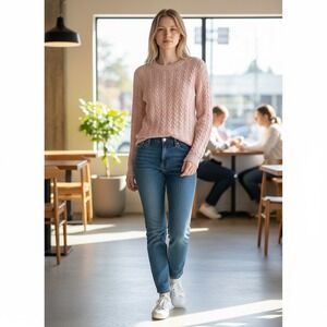HM Womens Cable Knit Sweater Pale Pink Crew Neck Long Sleeve Cotton Blend M